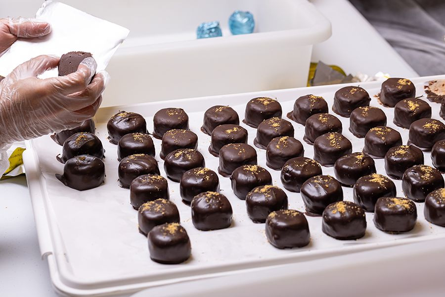 Probites Craft & Process — chocolate-coated bites with gold dust