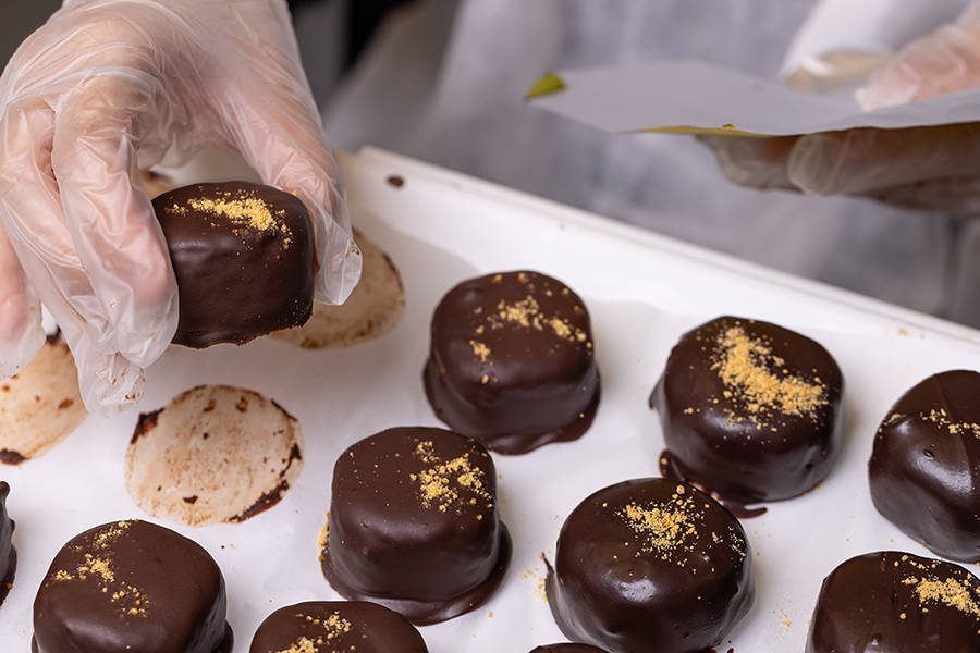Probites Craft & Process — sprinkling gold dust on chocolate bites
