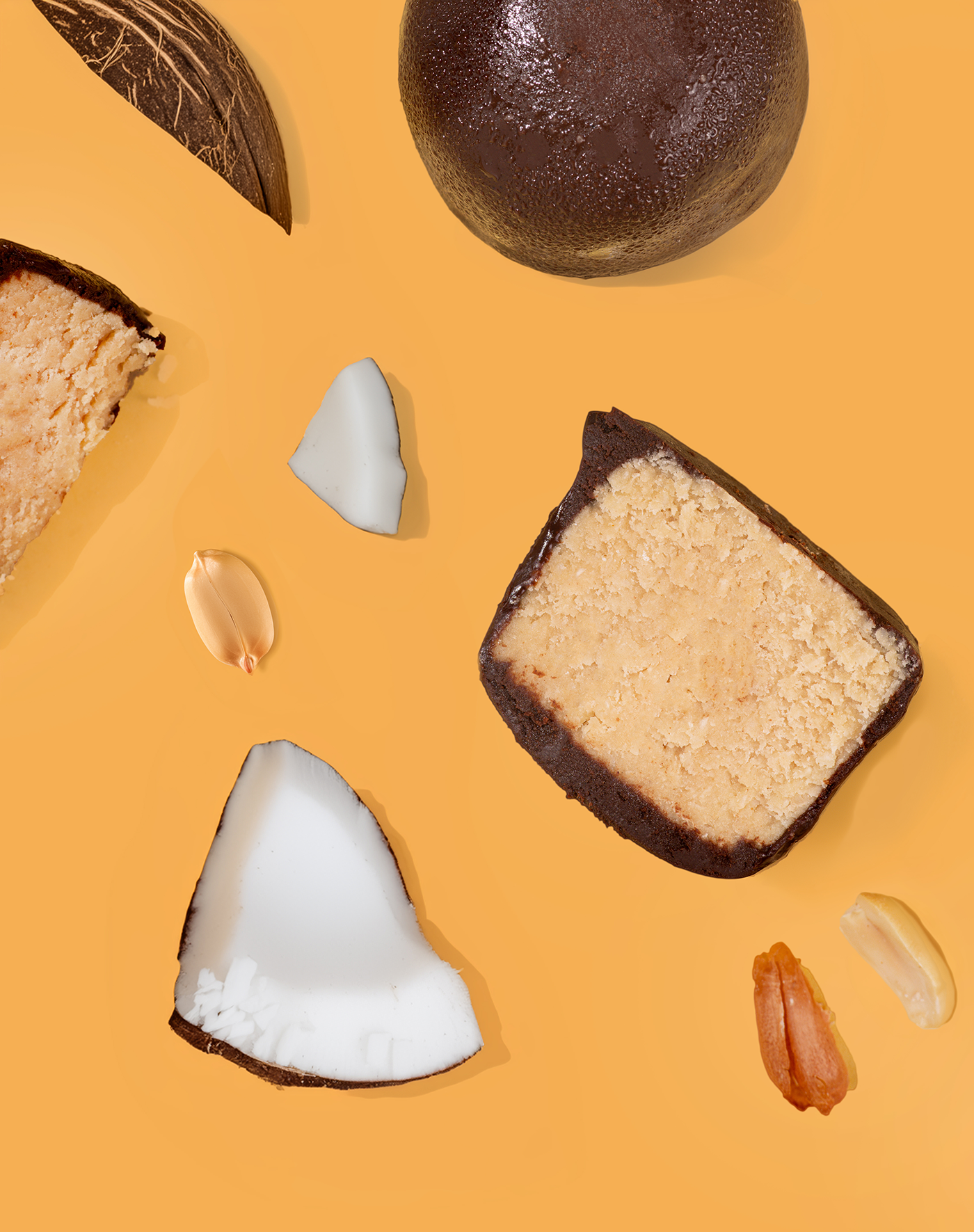 Probites Peanut Butter Coconut — overhead with coconut and peanuts